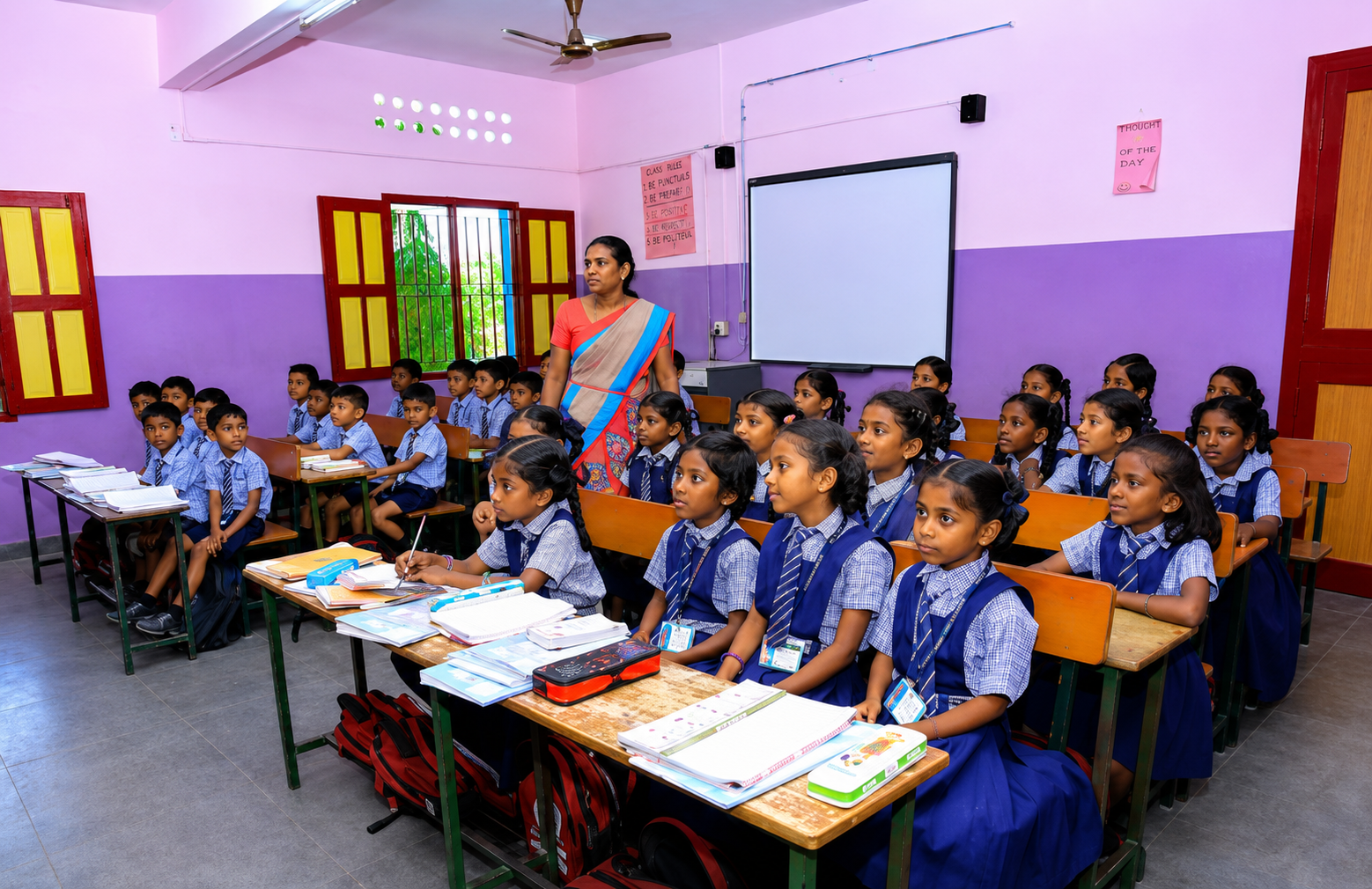 Students learning inside a modern smart classroom